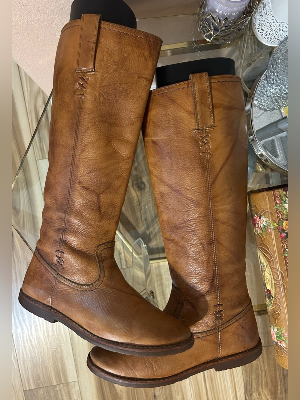 Frye Distressed Cognac Brown Leather Tall Riding Moto Boots Size 8